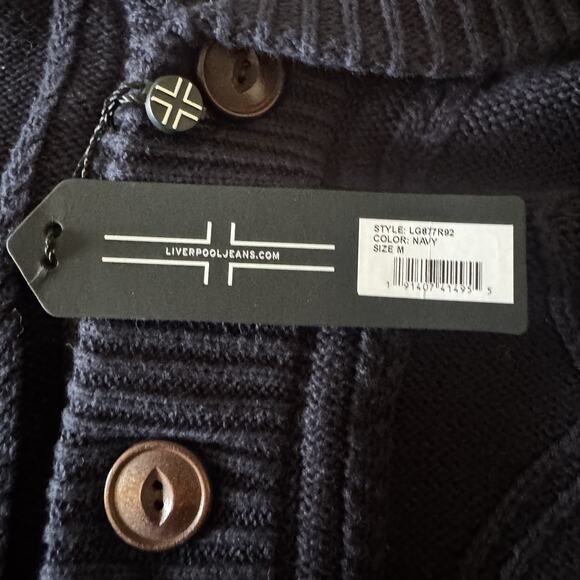 New Liverpool Mens Medium Cable Shawl Collar Cardigan Fisherman Navy Sweater - Picture 15 of 16